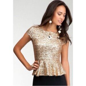 Bebe Top S Small Gold Sequin Short Sleeve Party Festive Wedding Cruise Holiday